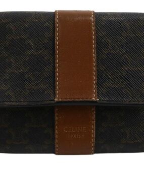 Celine Brown Canvas Wallet with Tan Leather Strap